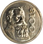 100 Pesos Pattern; Carranza; Aluminium-Bronze reverse image