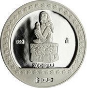 100 Pesos Xochipilli - 1 oz Silver Bullion, Mexico, 1992 reverse image