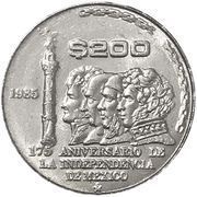 200 Pesos 175th Anniversary of Independence, Mexico, 1985 reverse image