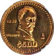 500 Pesos Pattern; Madero; Brass, Mexico, 1989 reverse image