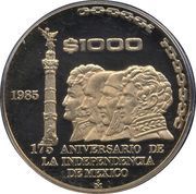 1000 Pesos 175th Anniversary of Independence, Mexico, 1985 reverse image