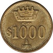 1000 Pesos Pattern; ATLAN; bronze, Mexico, 1991 reverse image