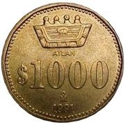 1000 Pesos ATLAN, Mexico, 1991 reverse image