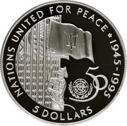 5 Dollars - Elizabeth II United Nations; Silver Proof Issue, Barbados, 1995 reverse image