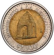 2000 Pesos Pattern; Monumento A La Revolucion reverse image