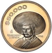 50 000 Peso Pattern; Emiliano Zapata; Copper Nickel, Mexico, 1990 reverse image
