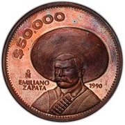 50 000 Pesos Pattern; Emiliano Zapata; Bronze, Mexico, 1990 reverse image