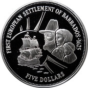 5 Dollars - Elizabeth II First European settlers, Barbados, 1995 reverse image
