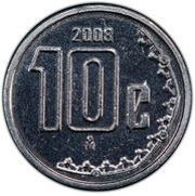 10 Centavos Pattern; stainless steel, Mexico, 2008 reverse image