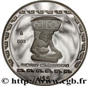 5 Nuevos Pesos Anciano Con Brasero - 1 oz Silver Bullion, Mexico, 1993 reverse image