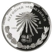 5 Pesos 100th Anniversary - Monetary Reform, Mexico, 2005 reverse image