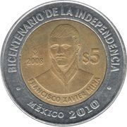 5 Pesos Francisco Xavier Mina reverse image