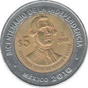5 Pesos Francisco Primo de Verdad y Ramos, Mexico, 2008 reverse image