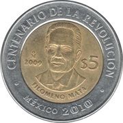 5 Pesos Filomeno Mata, Mexico, 2009 reverse image