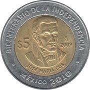 5 Pesos José María Cos, Mexico, 2009 reverse image