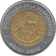 5 Pesos Pedro Moreno reverse image