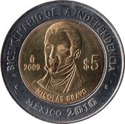 5 Pesos Nicolás Bravo, Mexico, 2009 reverse image