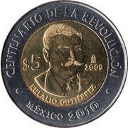 5 Pesos Eulalio Gutiérrez, Mexico, 2009 reverse image