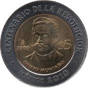 5 Pesos Otilio Montaño, Mexico, 2009 reverse image