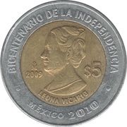 5 Pesos Leona Vicario, Mexico, 2009 reverse image