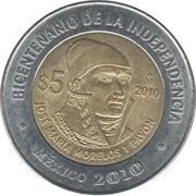 5 Pesos José María Morelos y Pavón, Mexico, 2010 reverse image