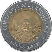 5 Pesos Emiliano Zapata, Mexico, 2010 reverse image