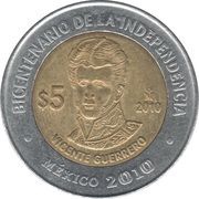 5 Pesos Vicente Guerrero, Mexico, 2010 reverse image