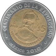 5 Pesos Venustiano Carranza, Mexico, 2010 reverse image