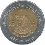 5 Pesos Ignacio Allende, Mexico, 2010 reverse image