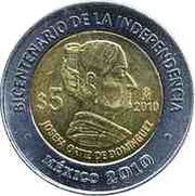 5 Pesos Josefa Ortíz de Domínguez, Mexico, 2010 reverse image