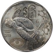 6 Pesos Pattern; Tortuga Verde; Copper-Nickel, Mexico, 2015 reverse image