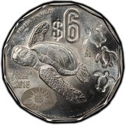 6 Pesos Pattern; Tortuga Verde; Iron-Copper-Nickel, Mexico, 2015 reverse image