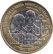 20 Pesos Centenary of Heroic Defense of Veracruz, Mexico, 2014 reverse image