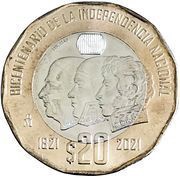 20 Pesos Bicentenary of the Independence of Mexico, Mexico, 2021-2023 reverse image