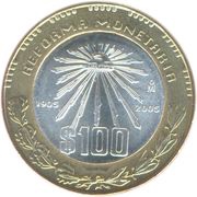 100 Pesos Monetary Reform Centennial, Mexico, 2005 reverse image