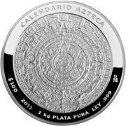 100 Pesos Calendario Azteca - 1 Kilo Silver Bullion Coinage, Mexico, 2007-2021 reverse image