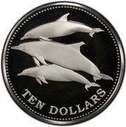 10 Dollars - Elizabeth II Dolphins, Barbados, 1984 reverse image