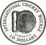 10 Dollars - Elizabeth II International Cricket Belt Buckle, Barbados, 1991 reverse image