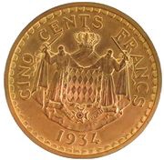500 francs - Louis II essai cupro-aluminium doré, Monaco, 1934 reverse image