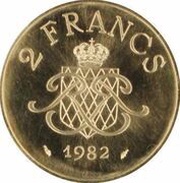 2 Francs - Rainier III Gold Piedfort, Monaco, 1982 reverse image