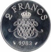 2 Francs - Rainier III Silver Piedfort, Monaco, 1982 reverse image