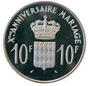 10 Francs - Rainier III 10th Wedding Anniversary; Medallic Coinage, Monaco, 1966 reverse image