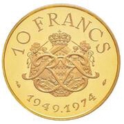 10 Francs - Rainier III Piedfort, Monaco, 1974 reverse image