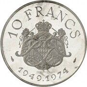10 Francs - Rainier III Piedfort, Monaco, 1974 reverse image