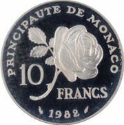 10 Francs - Rainier III Princess Grace; Piedfort, Monaco, 1982 reverse image