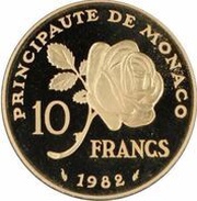 10 Francs - Rainier III Princess Grace - Piedfort Essai, Monaco, 1982 reverse image