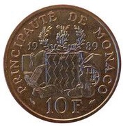 10 francs - Fondation Prince Pierre essai cupro-aluminium-nickel reverse image