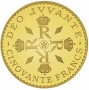 50 Francs - Rainier III Anniversary of Reign; Piedfort, Monaco, 1974 reverse image