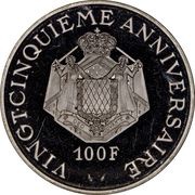 100 Francs - Rainier III Anniversary of Reign, Medallic Coinage, Monaco, 1974 reverse image