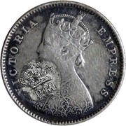 225 Réis - Luiz I Countermark "Crowned P.M" over ½ Rupee/Victoria, India obverse image